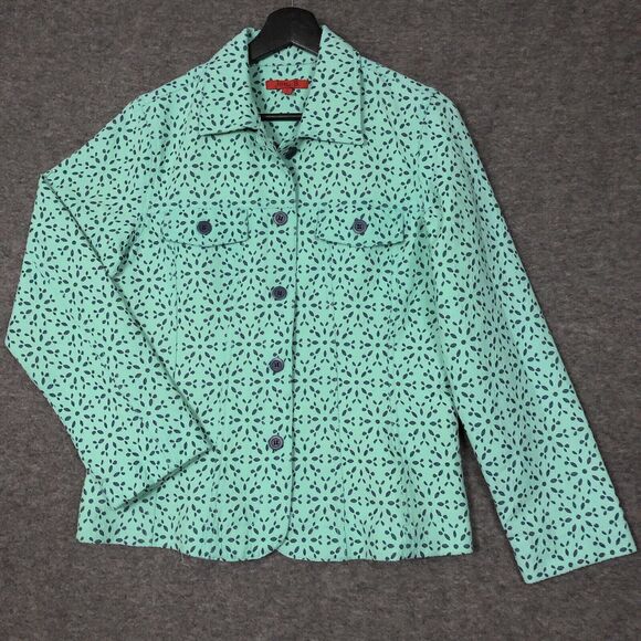 Eyelet Denim Shacket Womens S Teal Blue Floral Joni B Button Up Pockets Collar - Picture 1 of 14